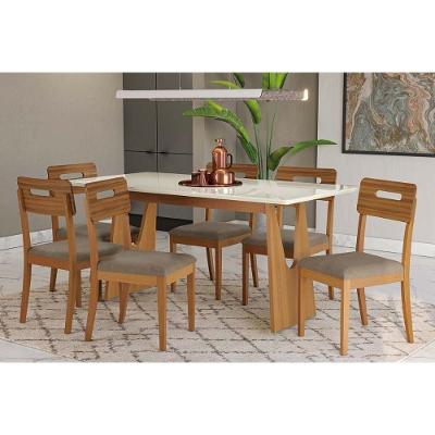 Conjunto de Jantar Mila 6 Lugares Tampo MDF Cadeiras Estofadas Carvalho e Off White 180CM Kappesberg