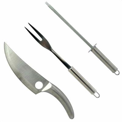 Kit Churrasco 3 Peças Faca Garfo Chaira Aço Inox com Design Ergonômico para Presente Prata