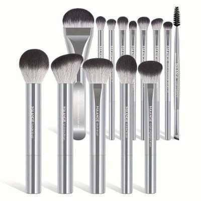Kit 14 Pincéis Maquiagem Maange Premium com Cerdas de Nylon Prateado