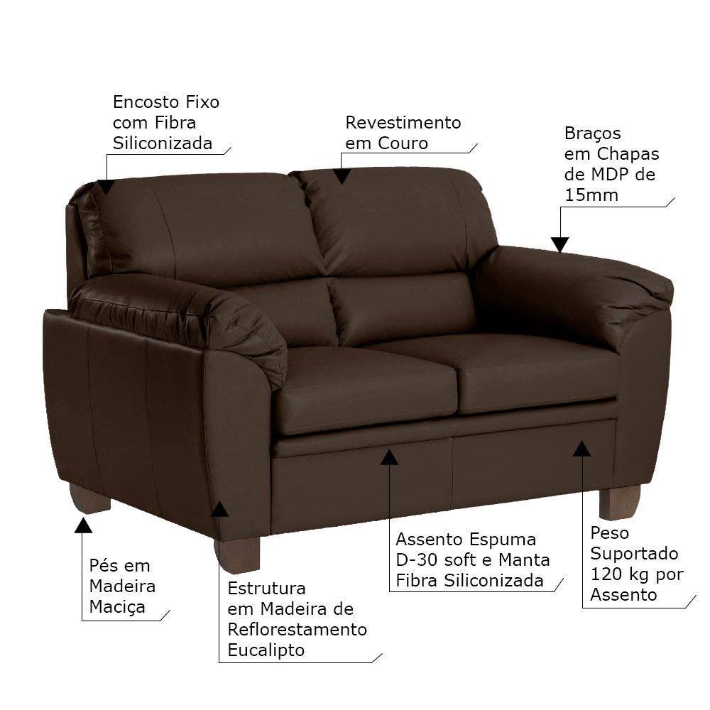 Sofá 2 Lugares Sala de Estar Pés Em Madeira Nauru Couro Tabaco Gran Belo - 2