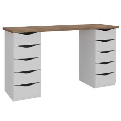 Mesa Escrivaninha Escritorio Due Moderno 10 Gavetas MDP 136CM Nogal Branco Artany