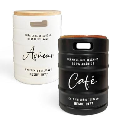 Kit Bancos Barris de Café e Açúcar Preto Polietileno com Tampo Madeira 2 Assentos