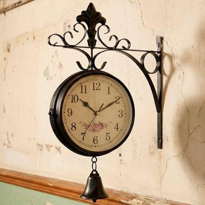 Relógio de Parede Dupla Face Floral Estação Trem com Sino Retrô Preto 31CM