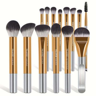 Pincel de Maquiagem Premium 14 Pincéis Cerdas de Nylon Dourado e Prateado Maange