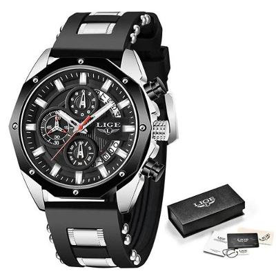 Relógio Masculino Prata Analógico Pulseira Silicone Resistente à Água Lige