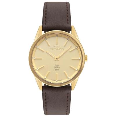 Relógio Masculino Slim GL22BC-0X Analógico em Couro Dourado Technos 4,2CM