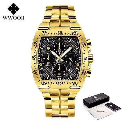 Relógio Masculino Quadrado Clássico Aço Inox Prova D'água Preto e Dourado Wwoor
