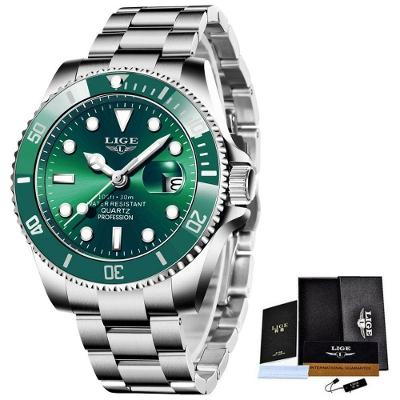 Relógio Masculino Lige 10045 Analógico LED à Prova D'água Verde Prateado Lige