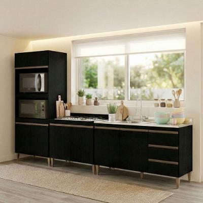 Cozinha Compacta Milão 8 Portas 3 Gavetas MDF-MDP 200CM Preto Menu Móveis