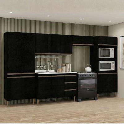 Cozinha Completa Milão 5 Peças MDF MDP 320CM Preto com Paneleiro e Torre Quente Menu Móveis