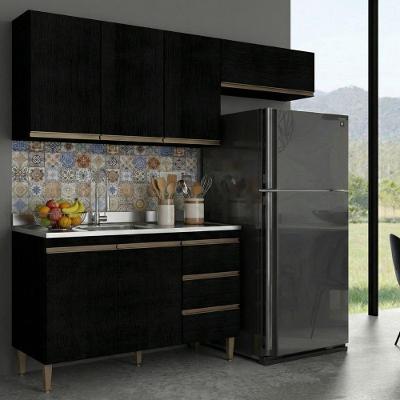 Cozinha Compacta Milão 3 Módulos 3 Gavetas MDP 200CM Preta Menu Móveis