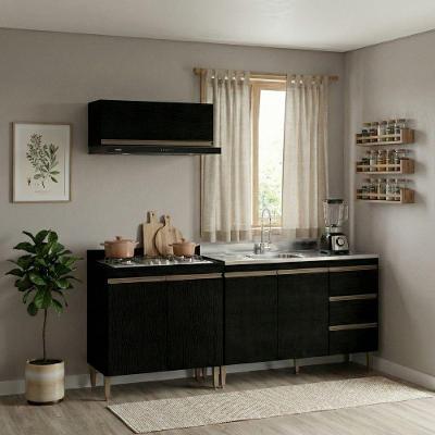Armário de Cozinha Compacta Milão 3 Gavetas MDP 200CM Preto Menu Móveis