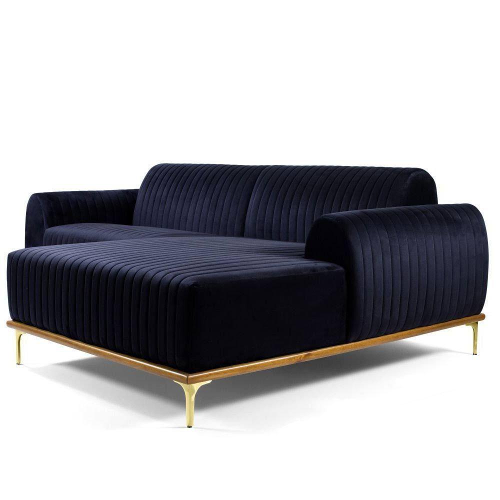 Sofá 3 Lugares com Chaise Base de Madeira 230 Cm Veludo Azul - 1