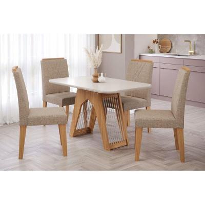 Kit Mesa Carol C- Tampo Vidro 130cm + 4 Cadeiras Nature Off White Madeira Bege