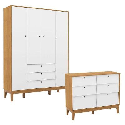 Cômoda 6 Gavetas E Guarda Roupa Unique 4 Portas Freijó Branco Soft Eco Wood - Matic