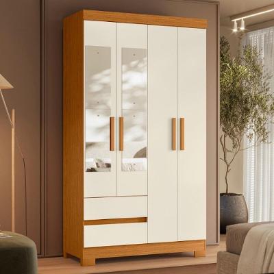 Armário De Quarto Com Espelho E Prateleiras 6 Portas Cinamomo Mel Off White