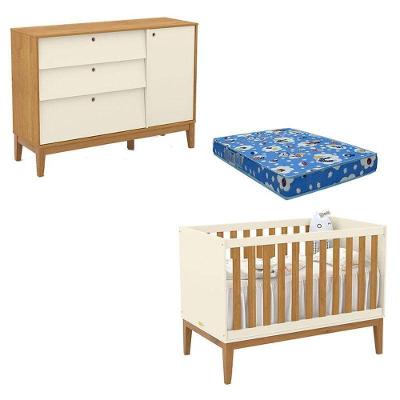 Berço Americano Unique MDF com Colchão Espuma Off White Freijó Eco Wood para Quarto Infantil