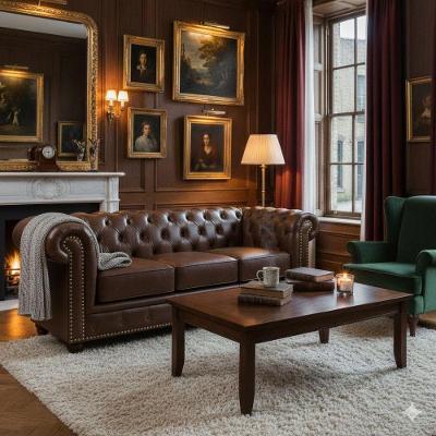 Sofá de Canto Chesterfield 3 Lugares Fixo 235CM Café Couro Mempra Móveis