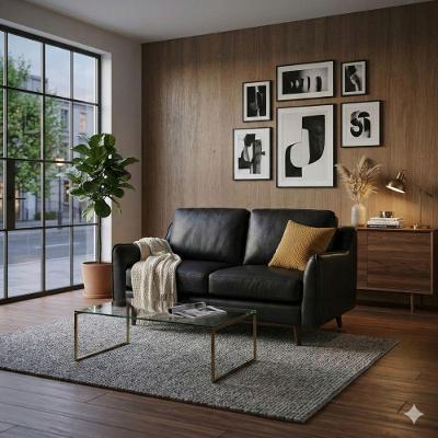 Sofá Jack 2 Lugares Fixo 180CM Preto Couro Natural Mempra Móveis Moderno