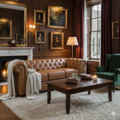 Sofá Chesterfield 3 Lugares Fixo 235CM Café Couro Natural Mempra Móveis