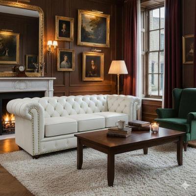Sofá Chesterfield 3 Lugares Fixo 235CM Off White Couro Mempra Móveis