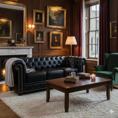 Sofá Chesterfield 3 Lugares 235CM Preto Couro Mempra Móveis