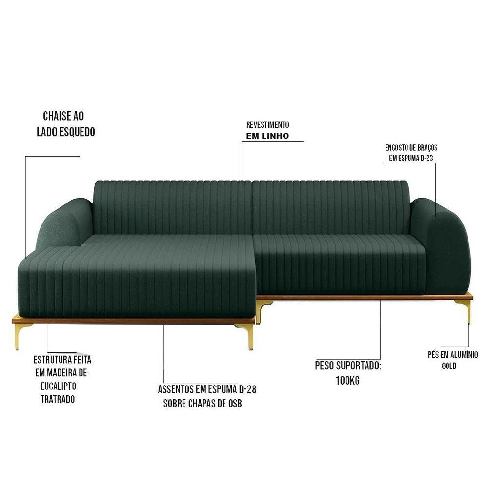 Sofá 265Cm 4 Lugares Com Chaise Esquerdo Pés Gold Molino C-117 Linho Verde - Domi - 5