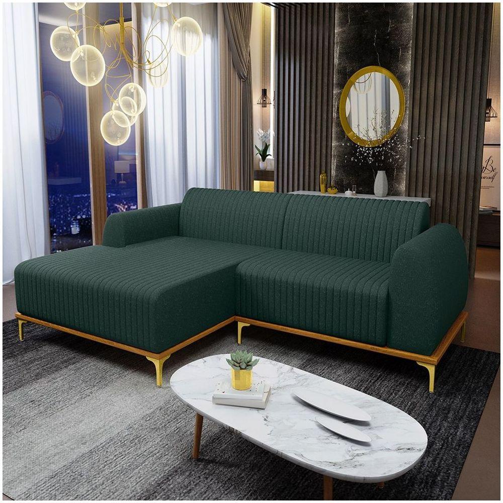 Sofá 265Cm 4 Lugares Com Chaise Esquerdo Pés Gold Molino C-117 Linho Verde - Domi - 6