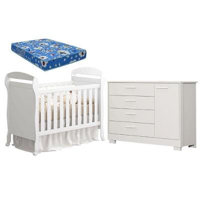 Conjunto Berço Americano Danny e Cômoda Zaki MDF com Colchão Incluso Branco Acetinado