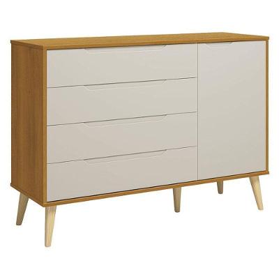 Cômoda com Porta Retrô Elfe 4 Gavetas em MDF com Puxadores Embutidos Bege Natural