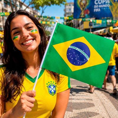 Bandeirinhas Brasil com Haste para Mão Kit 12 Peças Poliéster Amarelo e Verde