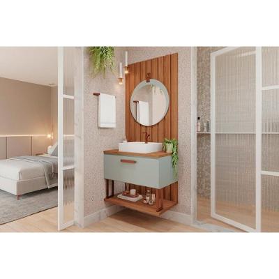 Conjunto Banheiro Duna c-1 Porta e 1 Prateleira 80CM + Painel c-Espelho Lua 60x60CM Pistache-Freijo