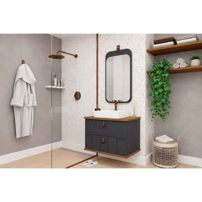Conjunto Banheiro Milano c-Cuba 80cm 1 Porta 1 Gaveta MDF 80CM Titânio MGM com Espelho
