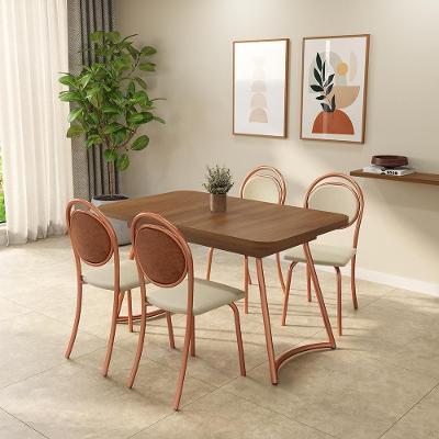 Conjunto Sala de Jantar Amelia 4 Lugares Tampo MDP Cadeiras em Aço Revestimento Premium Rosê 130CM