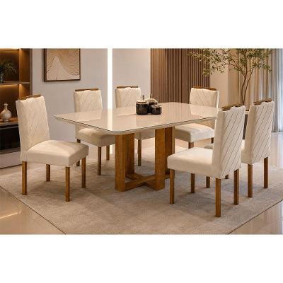 Conjunto Sala de Jantar 6 Lugares Mesa em MDF com Cadeiras Linho Mel e Creme 160CM Móveis Mundial