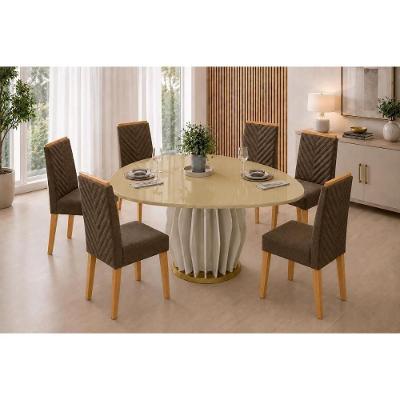 Conjunto Mesa de Jantar Tokyo 6 Lugares Tampo MDF com Vidro Cadeiras Nara Estofadas Canela DJ Móveis
