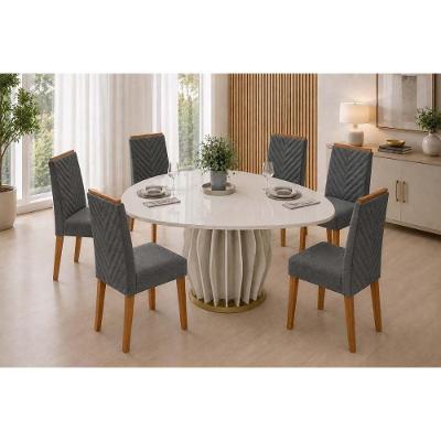 Conjunto Mesa de Jantar Tokyo 6 Lugares Tampo MDF Cadeiras Estofadas Off White 136CM DJ Móveis