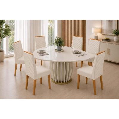 Conjunto Mesa de Jantar Tokyo 6 Lugares com Cadeiras Nara Estofadas Neve 136CM DJ Móveis