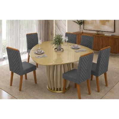 Conjunto Mesa de Jantar Tokyo + 6 Cadeiras Nara Tampo MDF com Vidro Chanfrado Off White Dourado