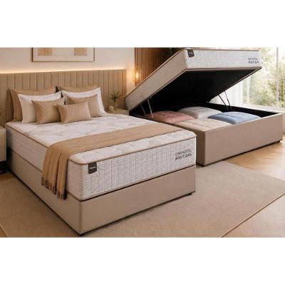 Cama Box com Baú Casal Suede Clean Molas Ensacadas Tecido Suede Bege Ortobom 138CM