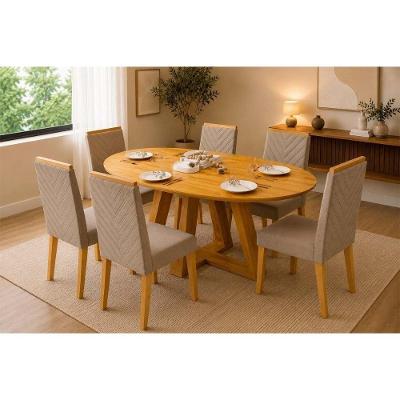 Conjunto Mesa de Jantar Celeste 6 Lugares Tampo MDF Brilhante com Cadeiras Nara em Linho Bege DJ