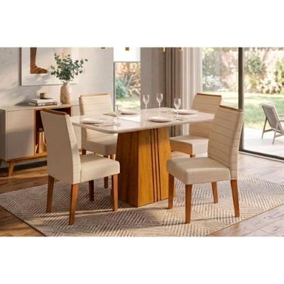 Conjunto Mesa de Jantar Italia + 4 Cadeiras Ondina Tampo Vidro Estofadas Bege 120CM DJ Móveis