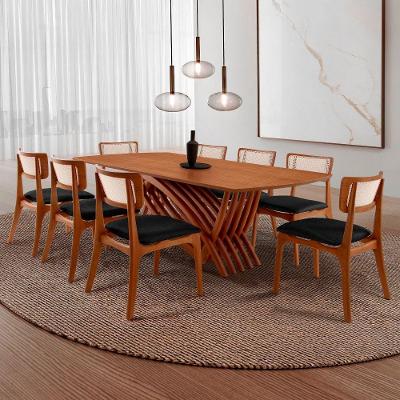 Conjunto de Jantar Venus 8 Lugares Tampo MDF Cadeiras Viena Estofadas Linho Imbuia 220CM Moderna