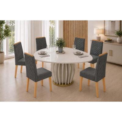 Conjunto de Jantar Tokyo+6 Cadeiras Nara 6 Lugares Tampo MDF com Vidro Off White 136CM DJ Móveis