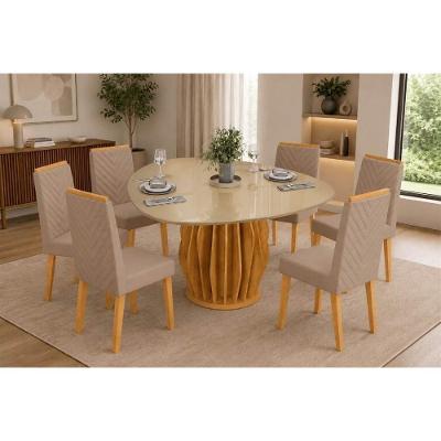 Conjunto de Jantar Tokyo 6 Lugares Tampo MDF com Vidro e Cadeiras Nara Estofadas Linho Bege 136CM DJ