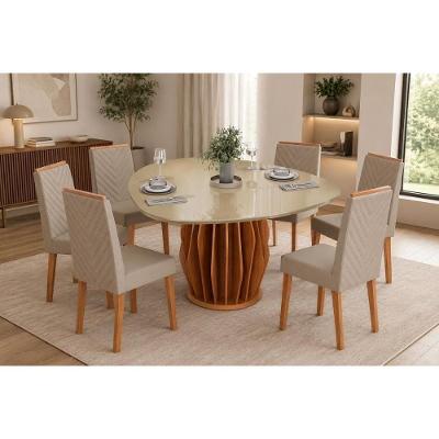 Conjunto de Jantar Tokyo 6 Lugares Tampo em Vidro Cadeiras Estofadas Bege 136CM DJ Móveis