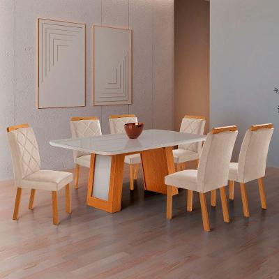 Conjunto de Jantar Carolina 6 Lugares Tampo MDF com Vidro e Cadeiras Melissa Veludo Creme Moderna