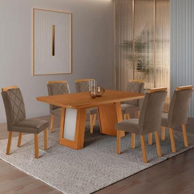 Conjunto de Jantar Carolina 6 Lugares Tampo MDF com Cadeiras Melissa Creme 180CM Moderna