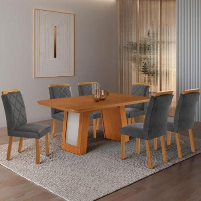Conjunto de Jantar Carolina 6 Lugares Tampo MDF com Cadeiras Estofadas Grafite 180CM Moderna