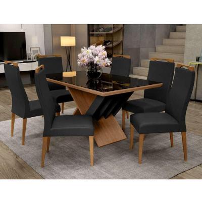 Conjunto de Jantar Madri com 6 Cadeiras Grecia Tampo em MDF com Vidro Preto 153CM Madetal Móveis